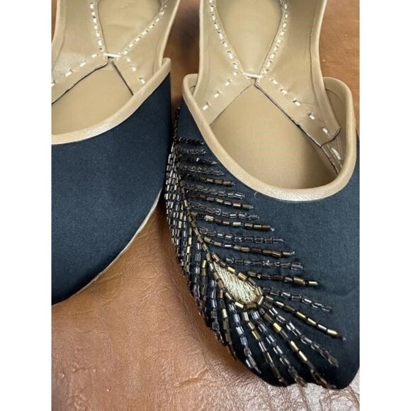 Womens Black & Beige Embroidered Jutti Flats Leather Sole Circle Living Size 9 W - Picture 3 of 4